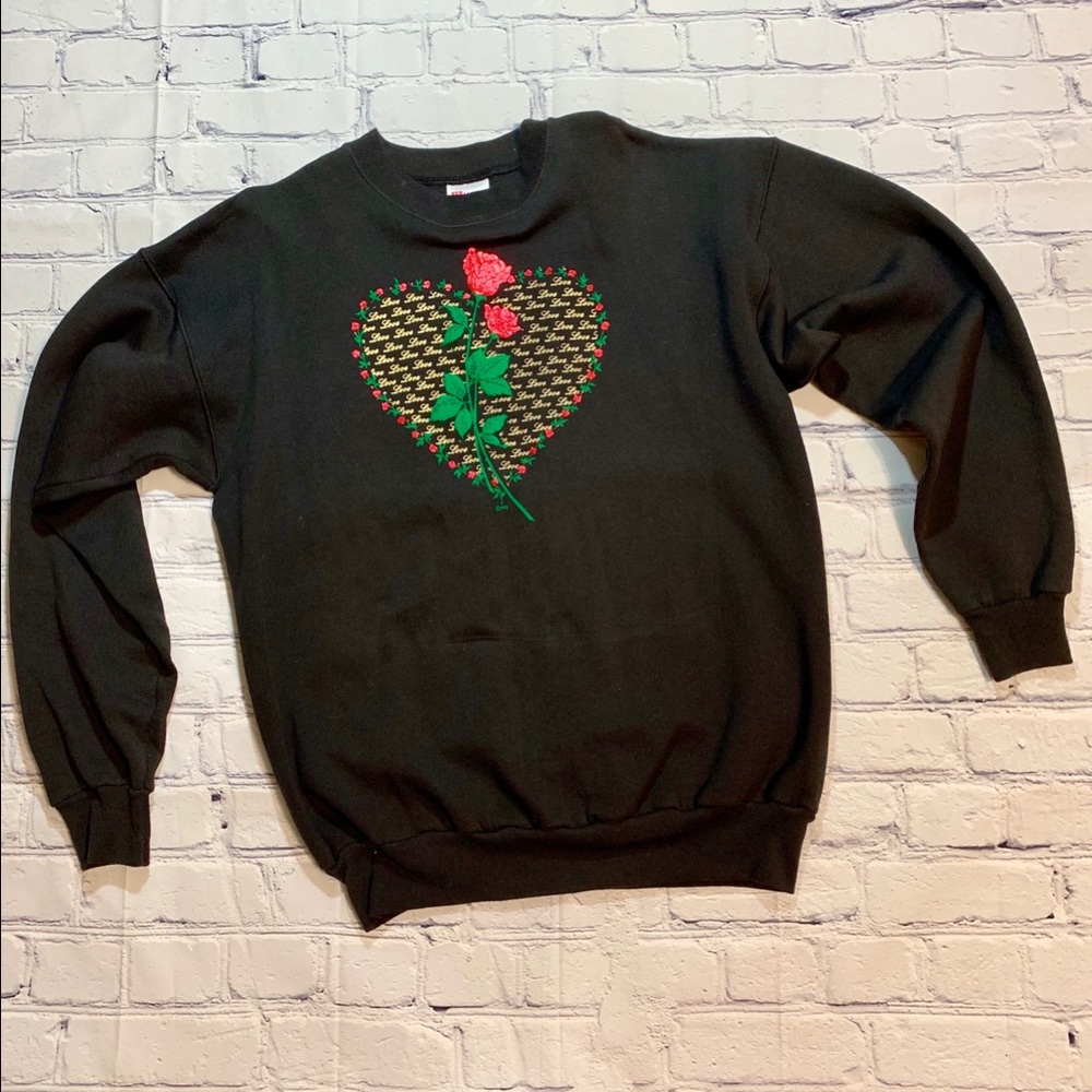 Vintage 80’s Roses & Love Gold Glitter Print Crewneck - Picture 1 of 6